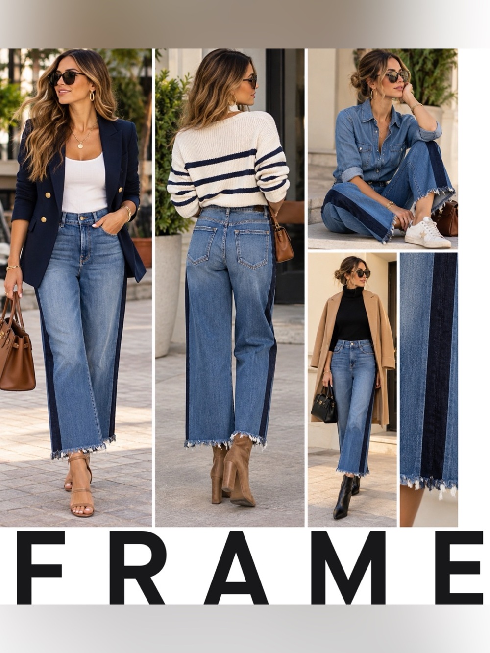 Frame flared fringed‎ blue jeans with front side stripe. Mid rise size 25